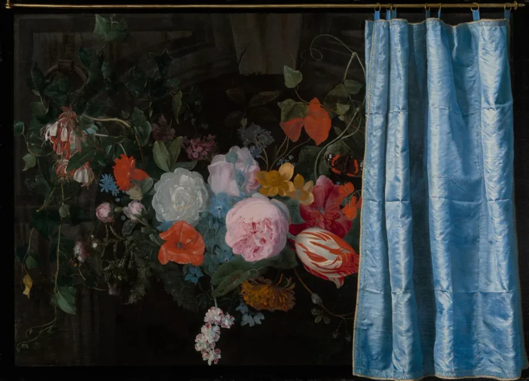 Trompe-l'œil à la guirlande de fleurs et au rideau